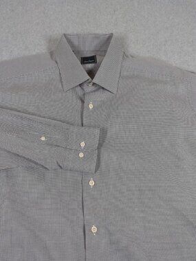 David Donahue Shirt Men's 17.5 Gray Houndstooth Long Sleeve Dress Button Up